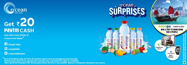 India Desire : Paytm Ocean Fruit Water Offer : Get Rs 20 Paytm Cash On Every Ocean Water Bottle Purchase